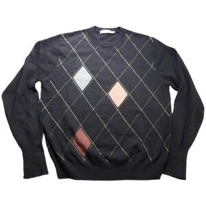 Raffi Cashmere Sweater Men L/G Black Argyle Crewneck 100% Cashmere Luxury Winter